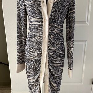 Black and White Long Sleeve Sheath Dress with V-Neck , sequins dress